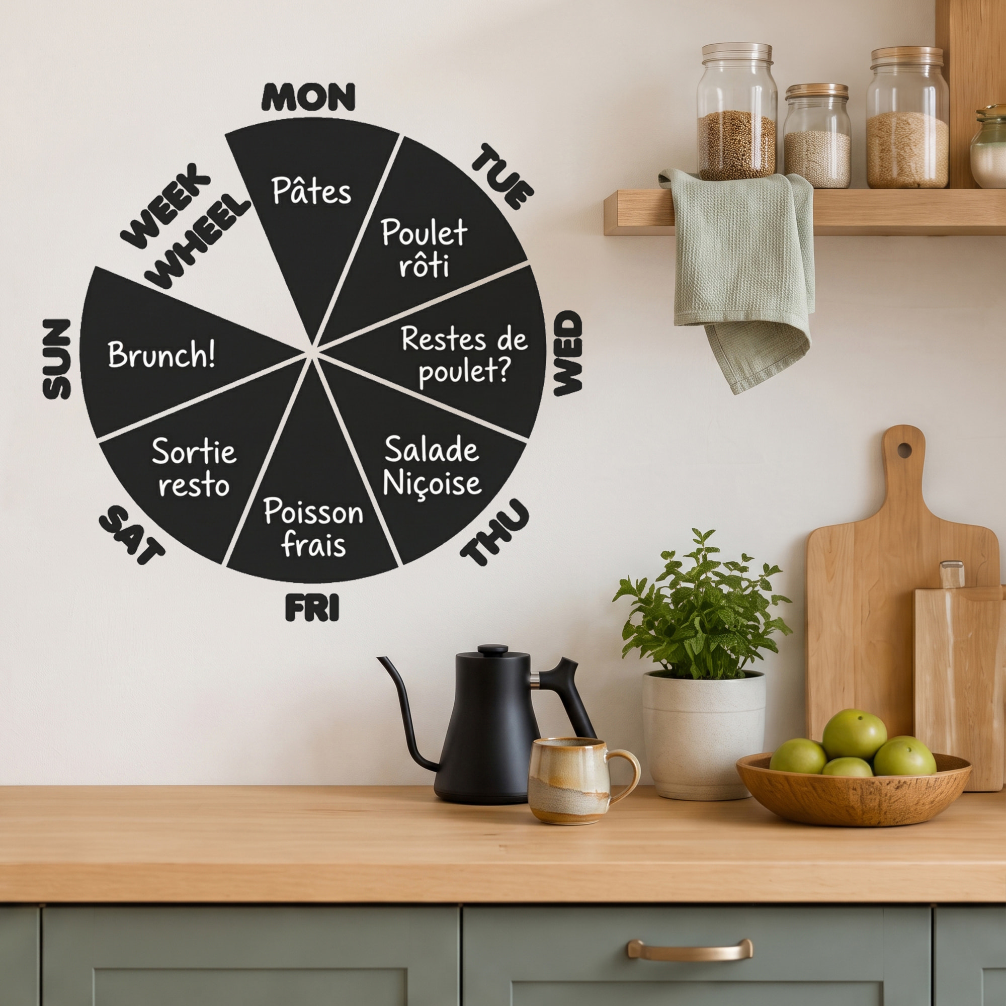 Sticker ardoise tableau noir - stickers muraux adhésif effaçable - CALENDRIER ROUE HEBDOMADAIRE