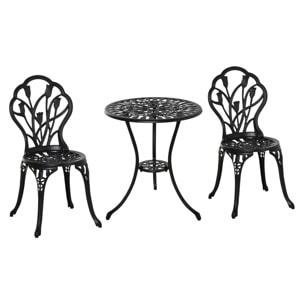 Conjunto de Mesa y Sillas de Terraza Exterior de 3 Piezas Muebles de Jardín de Aluminio con Respaldo con Patrón de Tulipán y Mesa con Orificio para Sombrilla Negro
