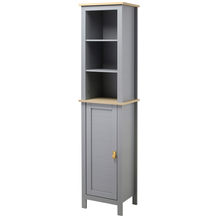 kleankin Armario Alto de Baño Mueble Columna Estrecho Moderno con 1 Puerta Estante Ajustable y 3 Compartimentos Abiertos 39x30x168 cm Gris