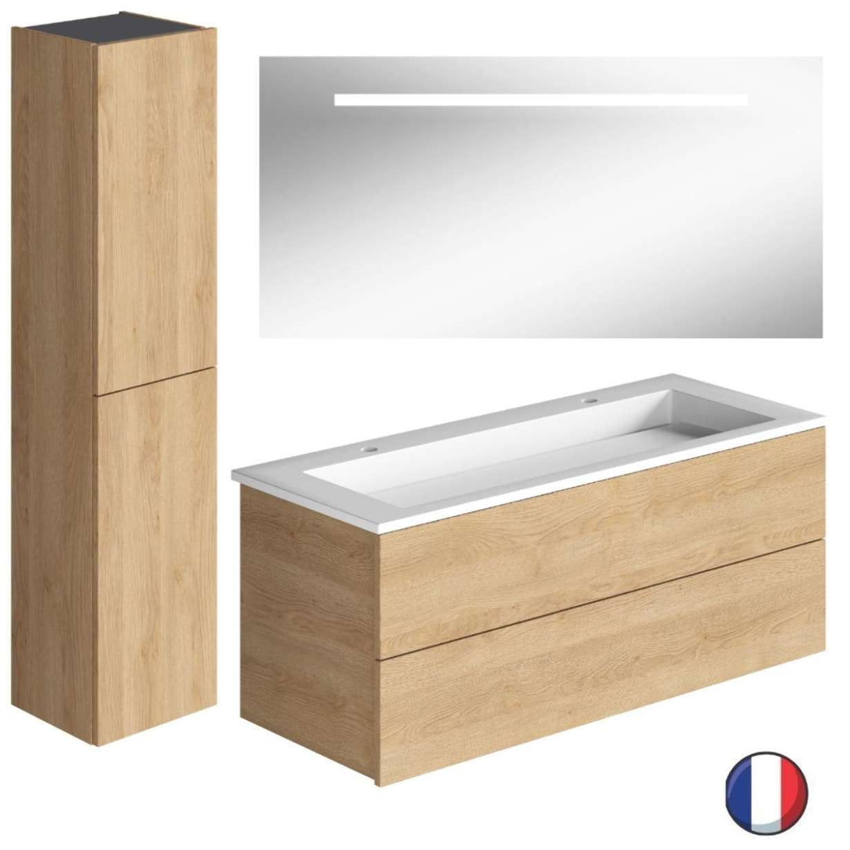 Meuble double vasque 120 cm BURGBAD Cosmo chêne cachemire + colonne + miroir