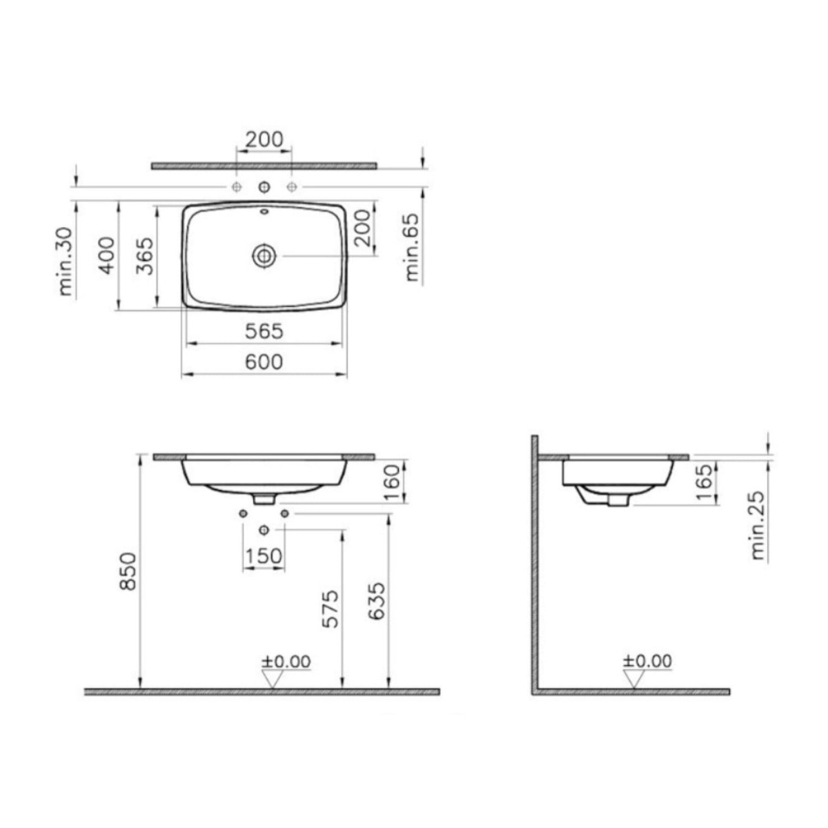 Metropole 60x40x16 cm lavabo en céramique à poser sur plan, sans trou de robinetterie, avec trop-plein, blanc (5668-003-0012)