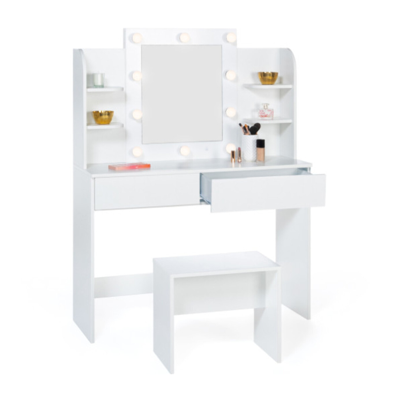 Coiffeuse Zélia blanche avec étagères, miroir LED + tabouret