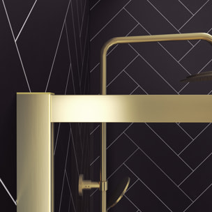 Paroi de Douche avec Volet Pivotant 90+40x200 cm - Porte-serviette + Etagère Finition Or Doré Brossé