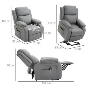 Sillón Relax Levanta Personas Auto-Ayuda con Control Remoto Reclinación Eléctrica 160° Reposapiés Respaldo Tapizado en PU y Bolsillos Laterales 76x90x105 cm Gris