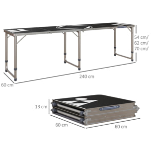 Mesa Portátil con Patas de Aluminio Mesa de Beer Pong Plegable con Altura Ajustable en 3 Niveles para Jardín Barbacoa 240x60x54-70 cm Negro y Plata