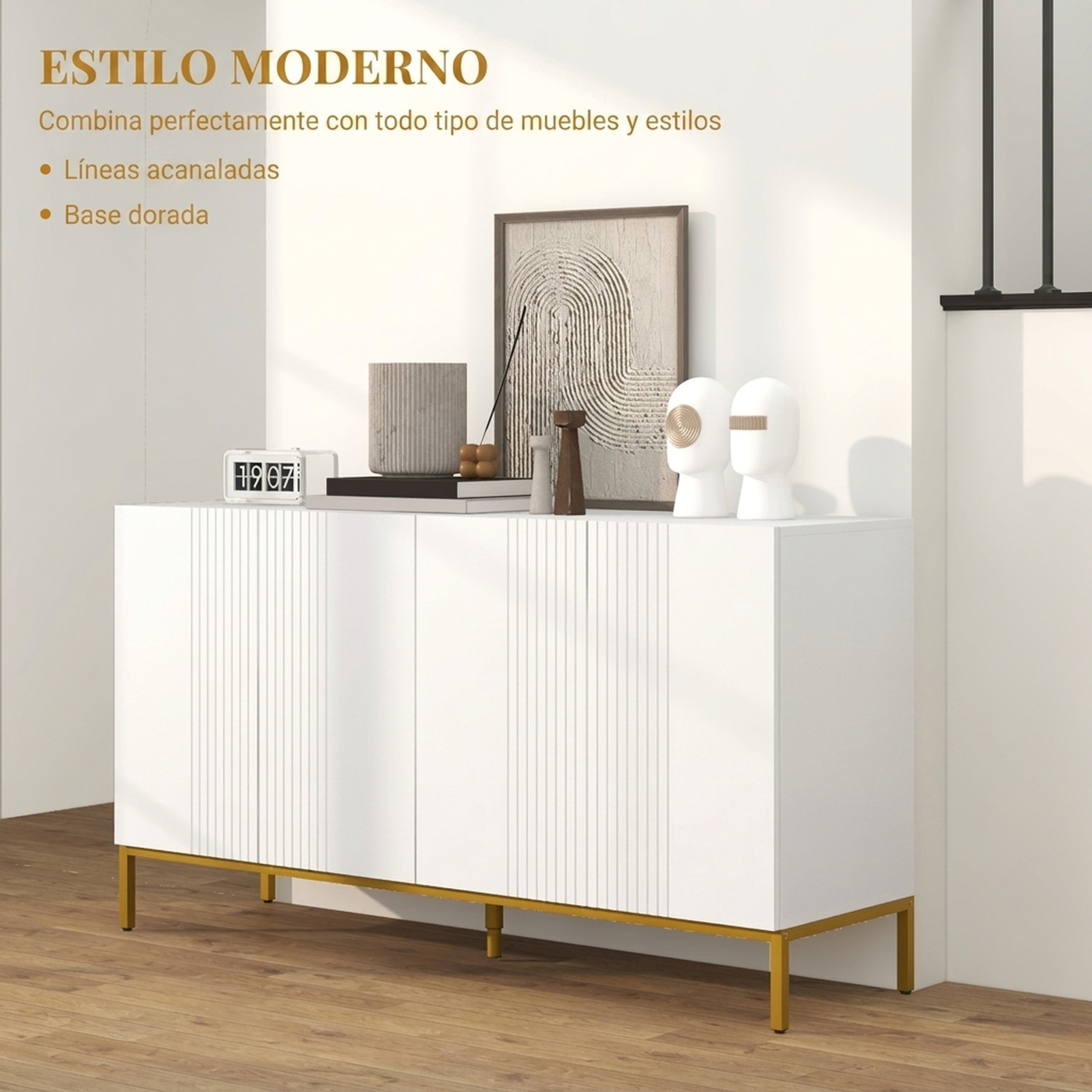 Aparador de 4 Puertas, Aparador de Salón Estrecho con Estantes Ajustables, Armario de Cocina con Cierre Suave y Patas Doradas, para Entrada, Dormitorio, 140x40x75 cm, Blanco