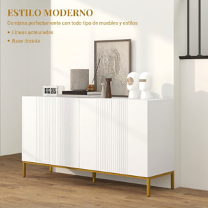 Aparador de 4 Puertas, Aparador de Salón Estrecho con Estantes Ajustables, Armario de Cocina con Cierre Suave y Patas Doradas, para Entrada, Dormitorio, 140x40x75 cm, Blanco