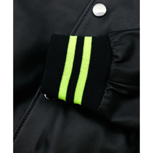 Giubbotto varsity in pelle nera e fluo con elastico bicolore