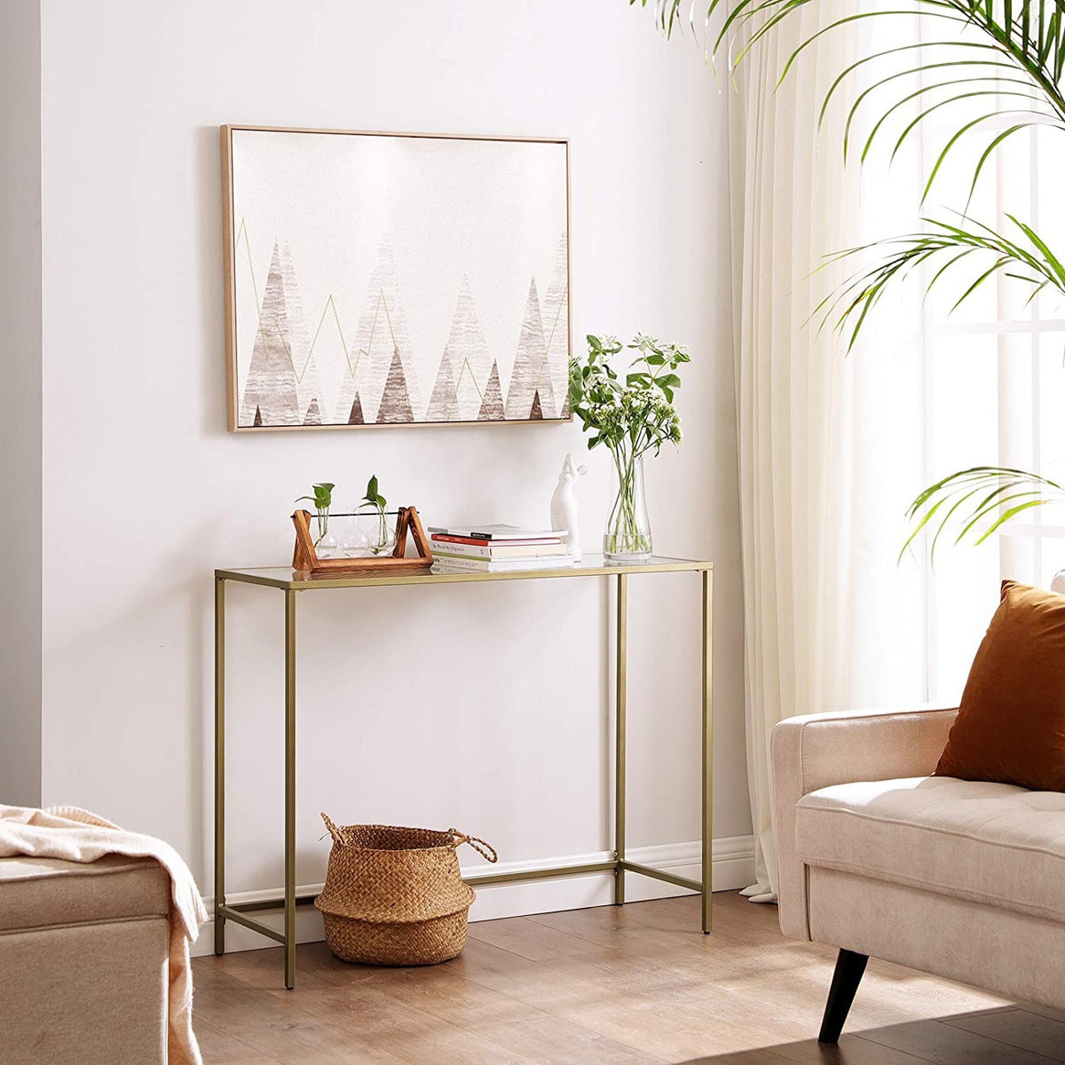 Console da salotto moderna dorata con piano in vetro