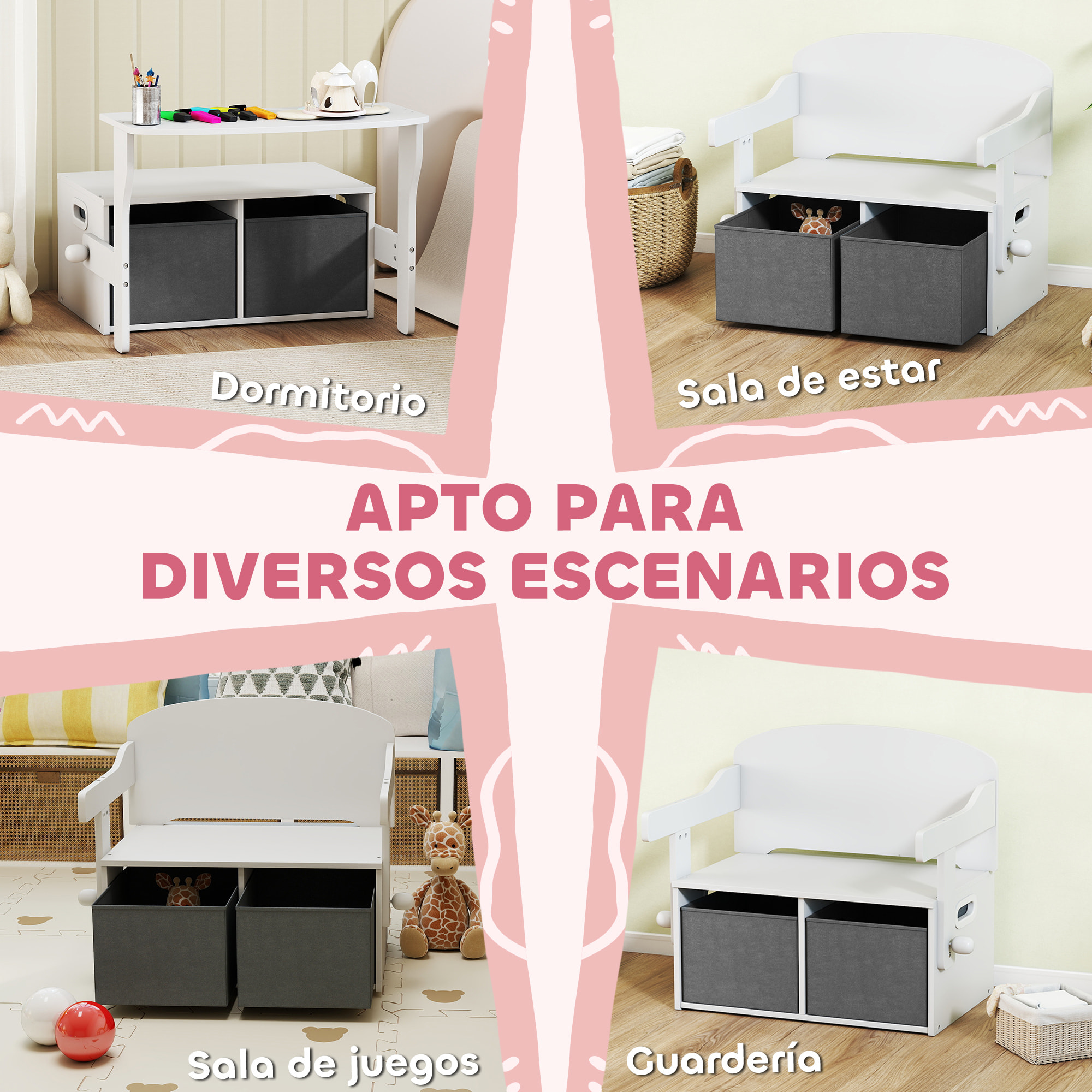 Banco Infantil Convertible 3 en 1, Juego de Mesa y Silla, Baúl de Juguetes con Cubos de Tela Extraíbles, Banco de Almacenaje, Mueble Multifuncional para Niños 3-6 Años, Blanco