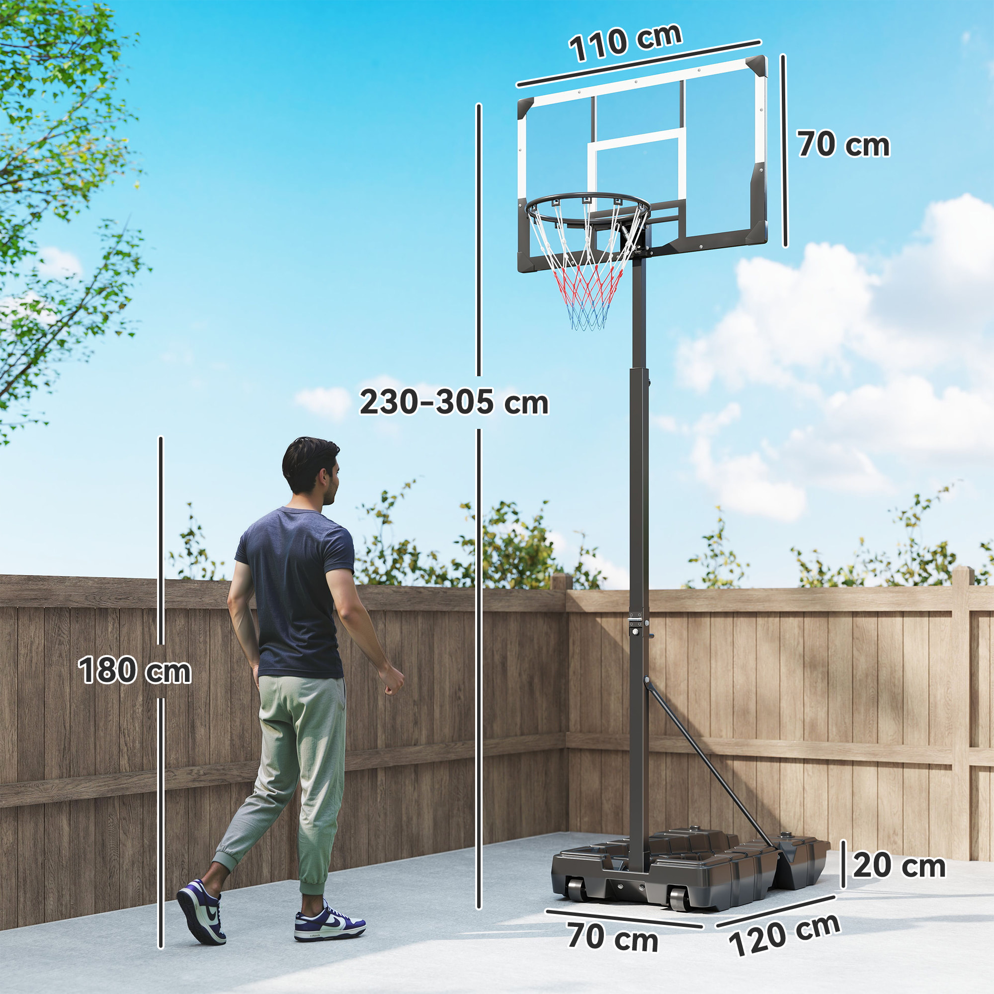 Canasta de Baloncesto para Exterior, Altura Ajustable 230-305 cm, Canasta de Baloncesto Portátil con Marco Plegable, Tablero Irrompible, Ruedas y Base Rellenable, para Adolescentes y Adultos
