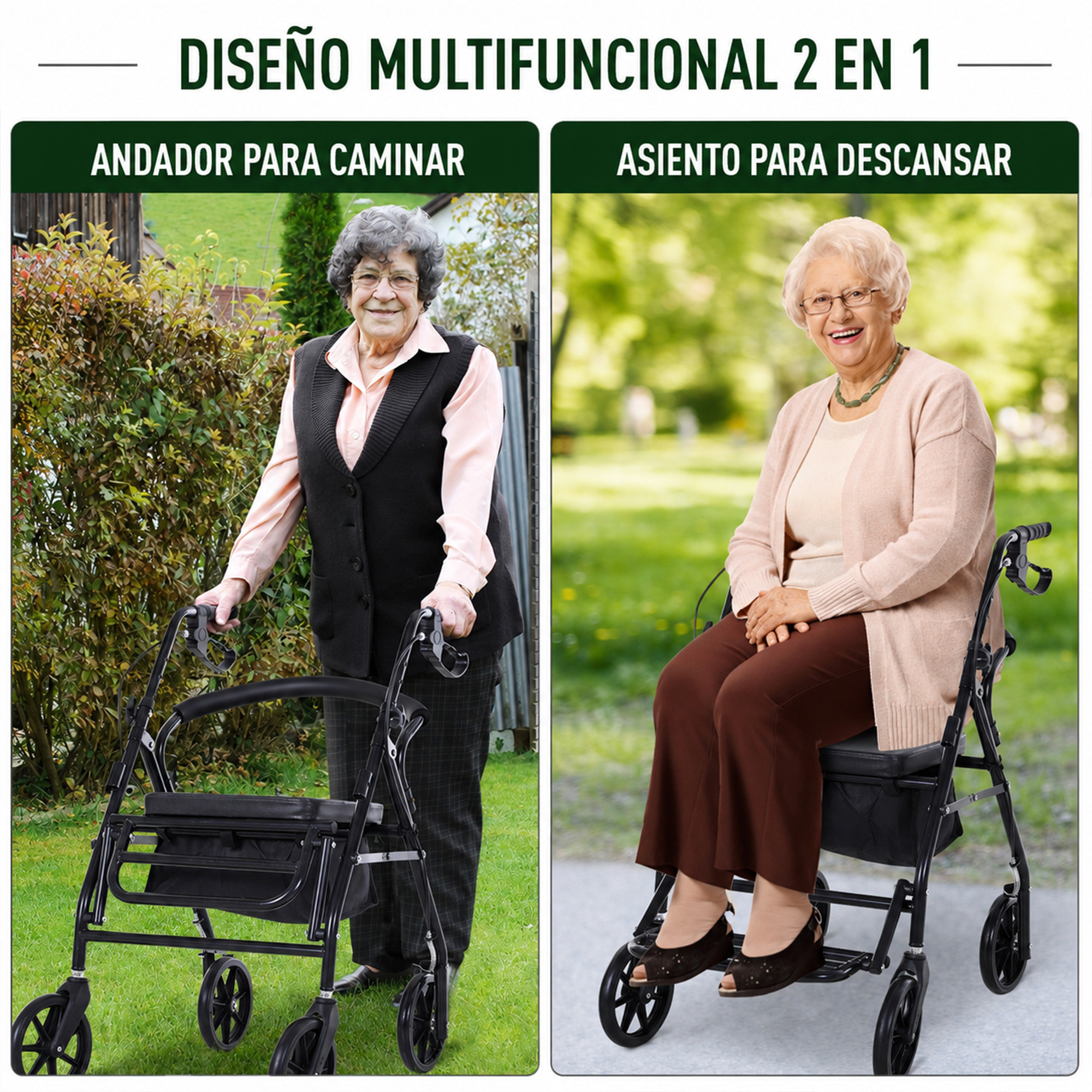 HOMCOM Andador para Ancianos Plegable, Andadores Adultos para Personas Mayores con Asiento Acolchado y 4 Ruedas, Mango Ergonómico Ajustable en Altura, Frenos de Maneta, Cesta, Reposapiés, Negro