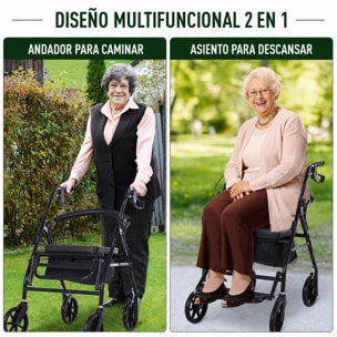 HOMCOM Andador para Ancianos Plegable, Andadores Adultos para Personas Mayores con Asiento Acolchado y 4 Ruedas, Mango Ergonómico Ajustable en Altura, Frenos de Maneta, Cesta, Reposapiés, Negro