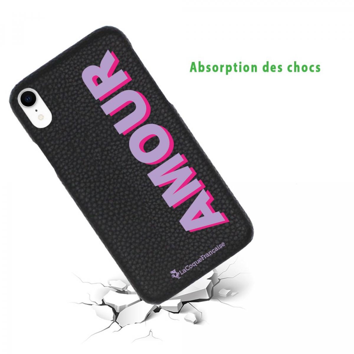 Coque iPhone Xr effet cuir grainé noir Amour parme et fushia Design La Coque Francaise