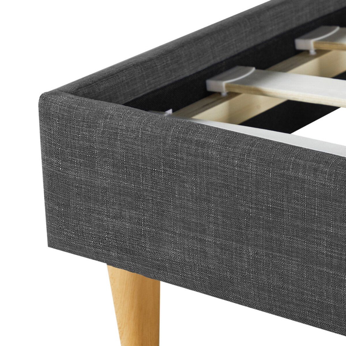 Lit Evy 160x200cm tissu gris pieds bois