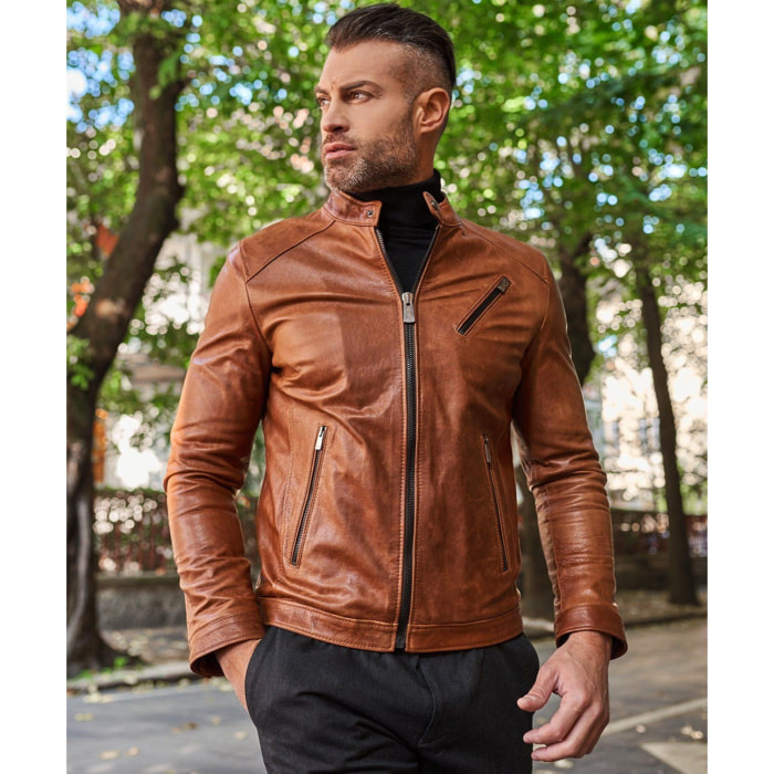 Giacca biker in pelle pull up color cuoio effetto vintage