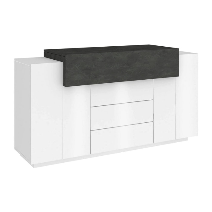 Credenza moderna, Madia di design a 3 ante e 3 cassetti, Made in Italy, Mobile Porta TV, Buffet da soggiorno, cm 160x45h86, colore Bianco lucido e Grigio Cenere