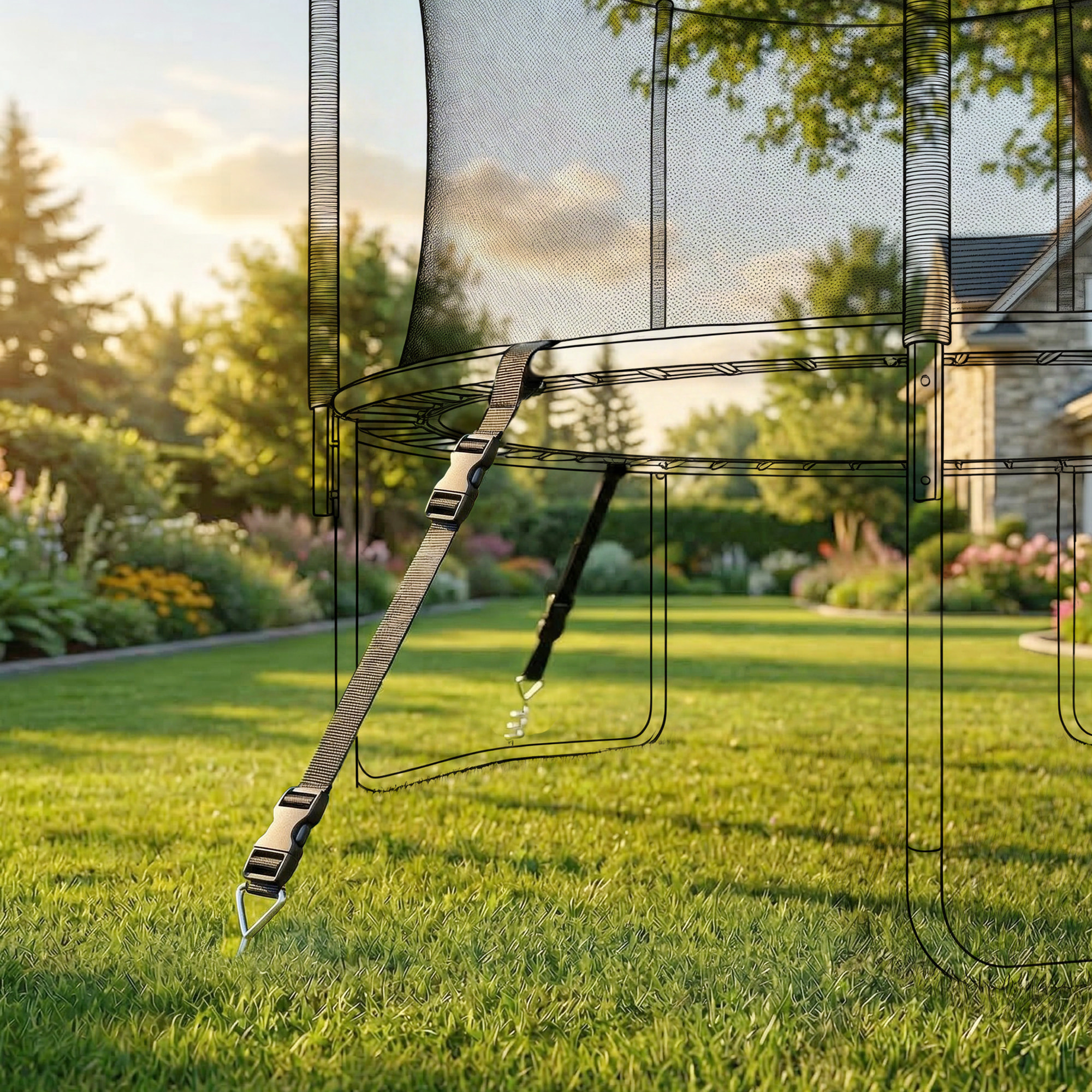 Kit complet d'ancrage trampoline 4 piquets spirales 4 sangles réglables