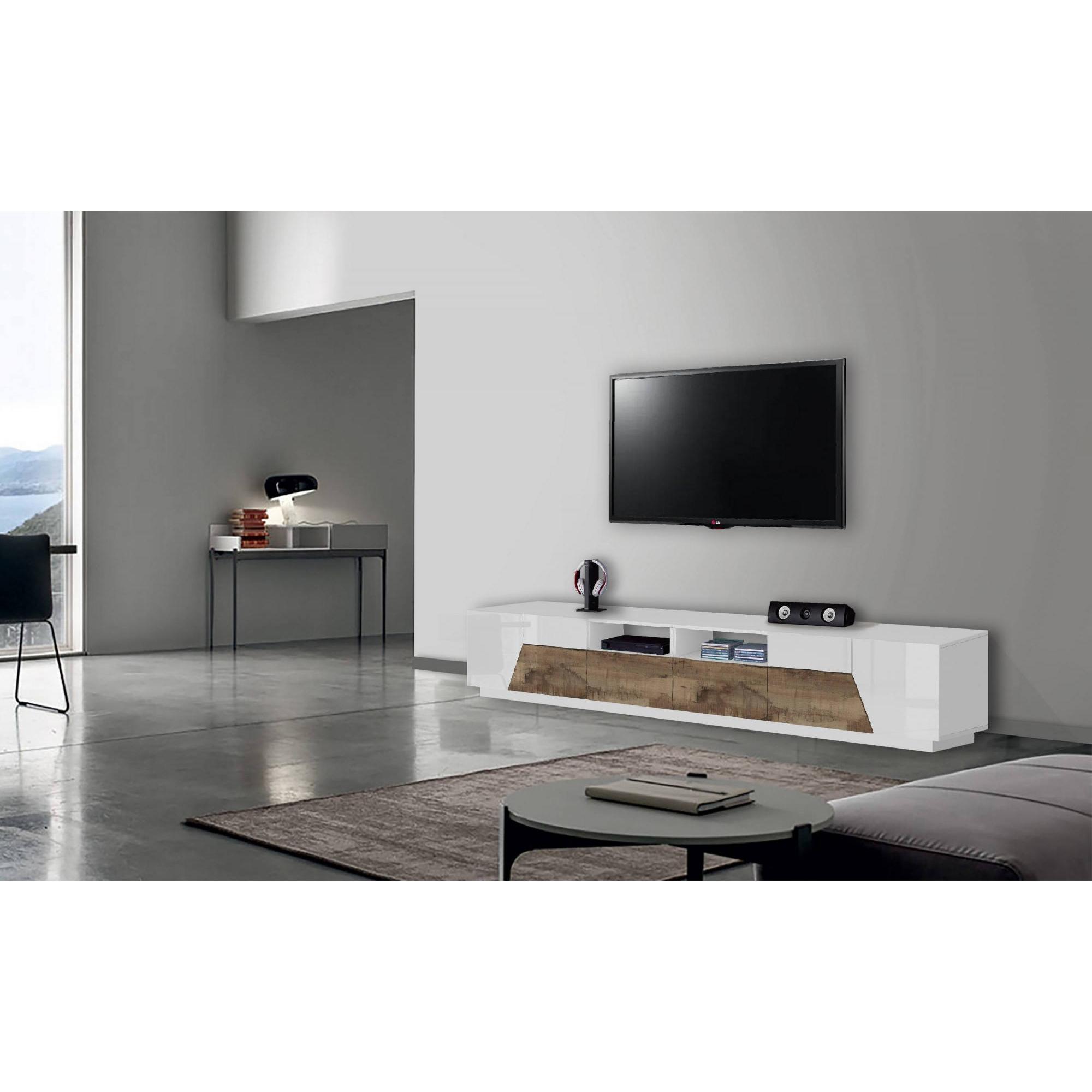 Mobile da soggiorno Porta TV, Made in Italy, Supporto per TV da salotto a 4 ante geometriche e 2 cassetti, Cm 260x43h46, Bianco lucido e Acero