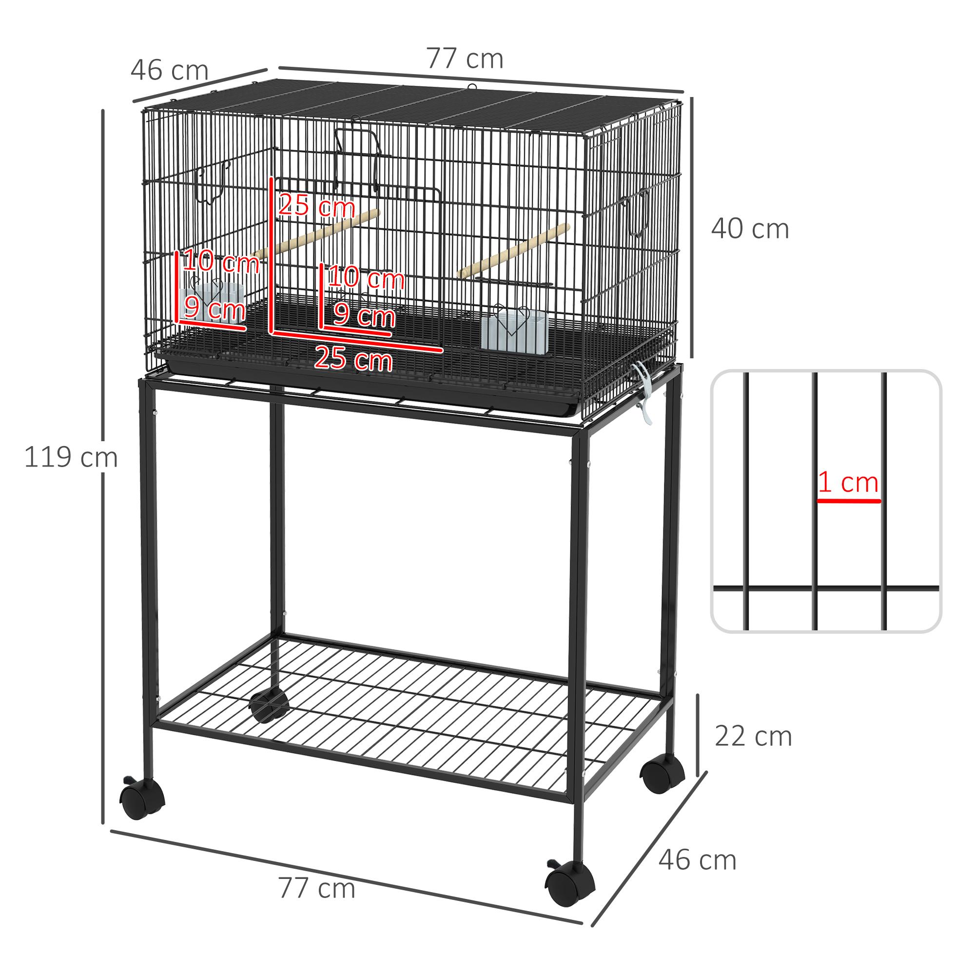 Jaula para Pájaros con Ruedas 77x46x119 cm Jaula Metálica para Aves con Bandeja Extraíble 2 Perchas 2 Comederos y Estante de Almacenamiento para Periquitos Canarios Negro