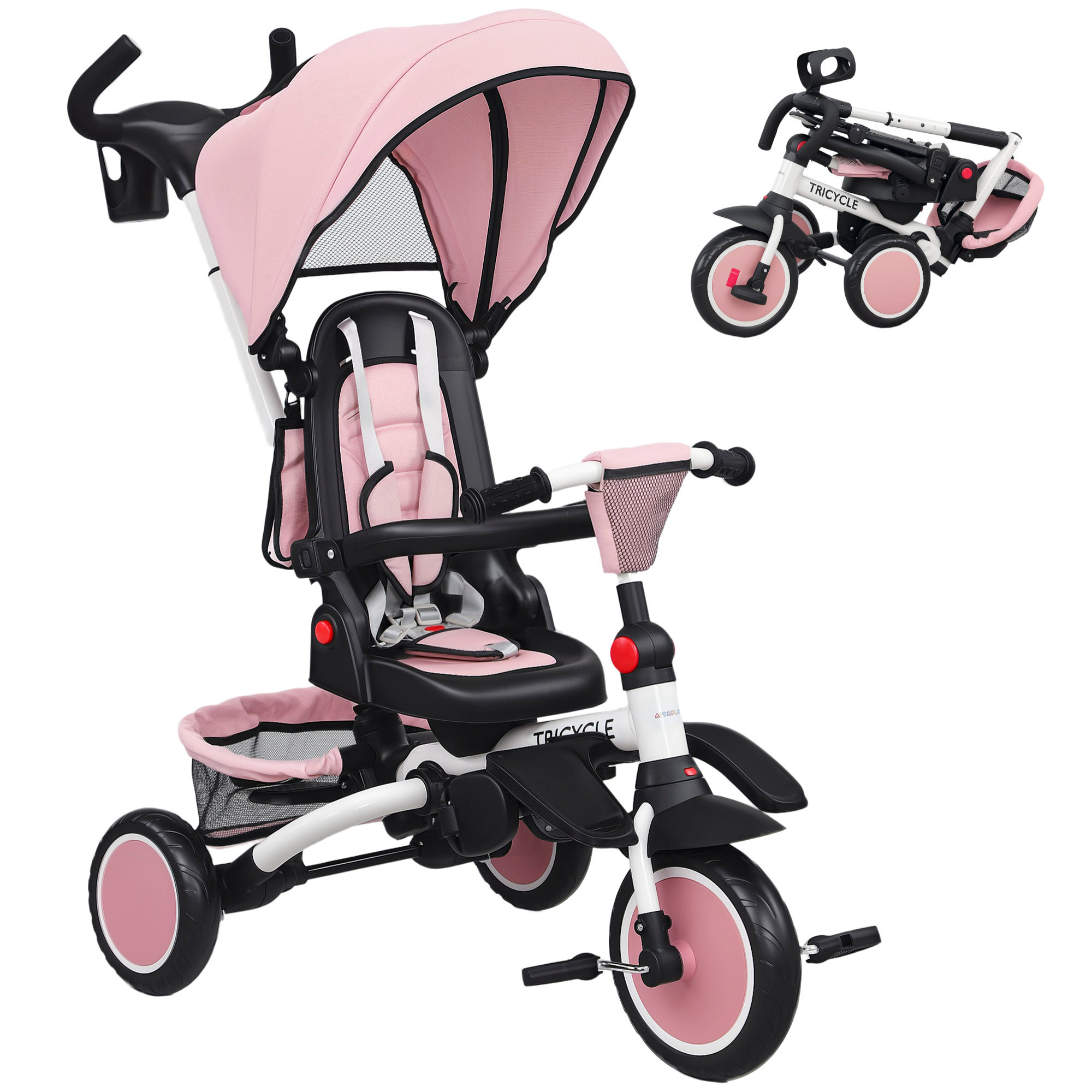 Triciclo Evolutivo 6 en 1 Plegable, Bicicleta para Niños de 1-5 Años, Asiento Giratorio de 360°, Respaldo Reclinable, con Toldo, Pedales, Barra de Empuje, Portavasos, Cesta, Reposapiés, Rosa