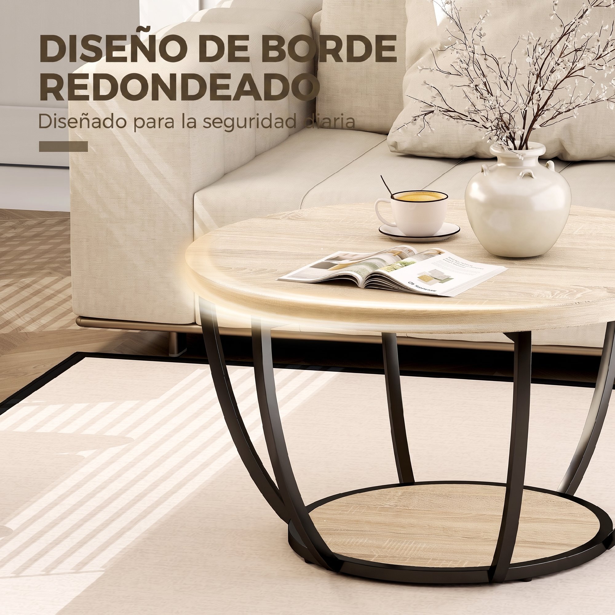 Mesa de Centro, Mesa de Café Redonda para Salón con Estante de Almacenaje y Marco de Metal, 80x80x43,8 cm, Roble
