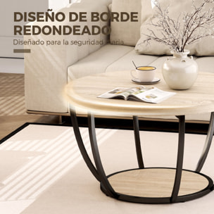 Mesa de Centro, Mesa de Café Redonda para Salón con Estante de Almacenaje y Marco de Metal, 80x80x43,8 cm, Roble