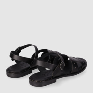 Sandalias de Piel - Negro - Tacón: Bajo