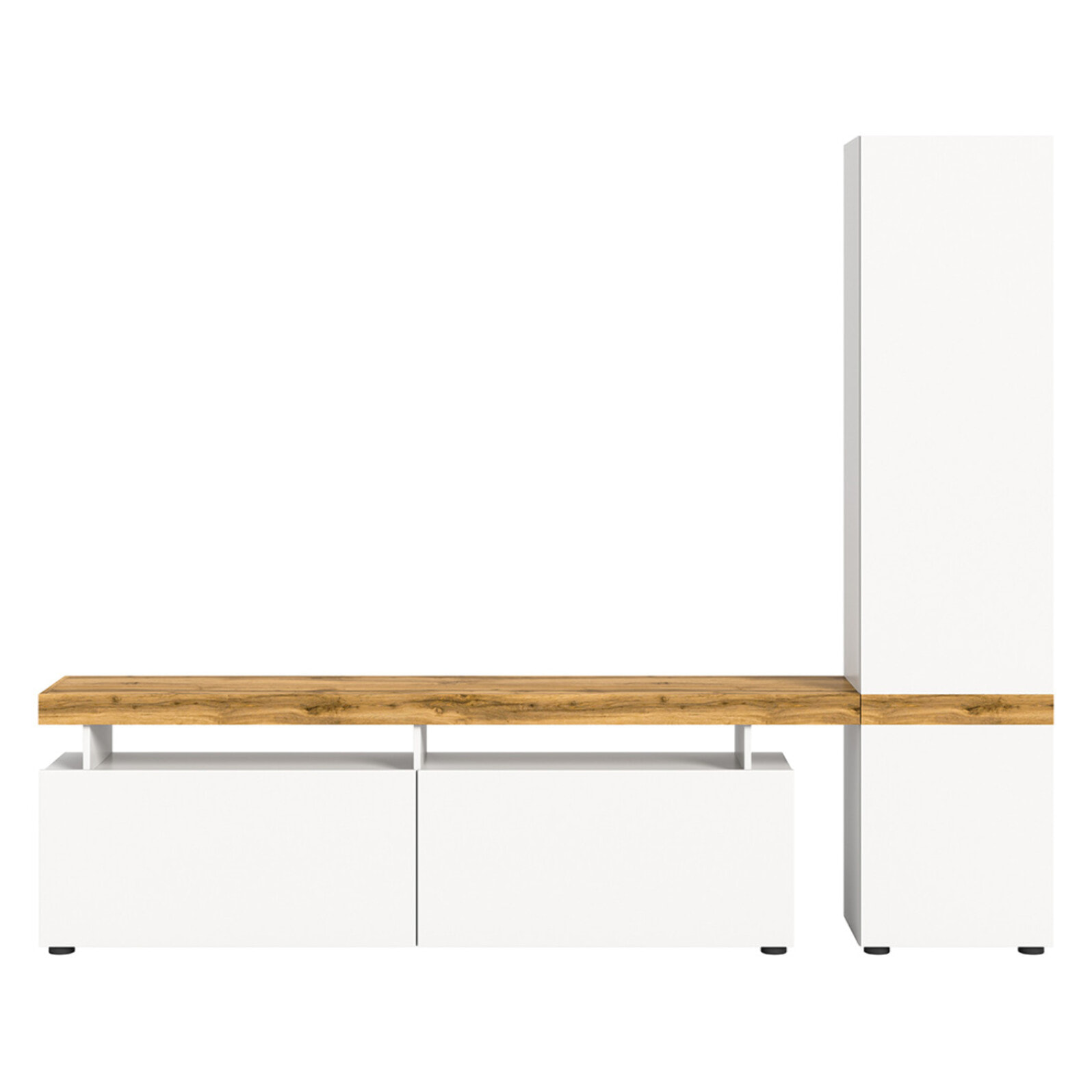 Olivier - meuble tv avec armoire - 3 portes - blanc et bois - 235x190 cm - Bois / Blanc
