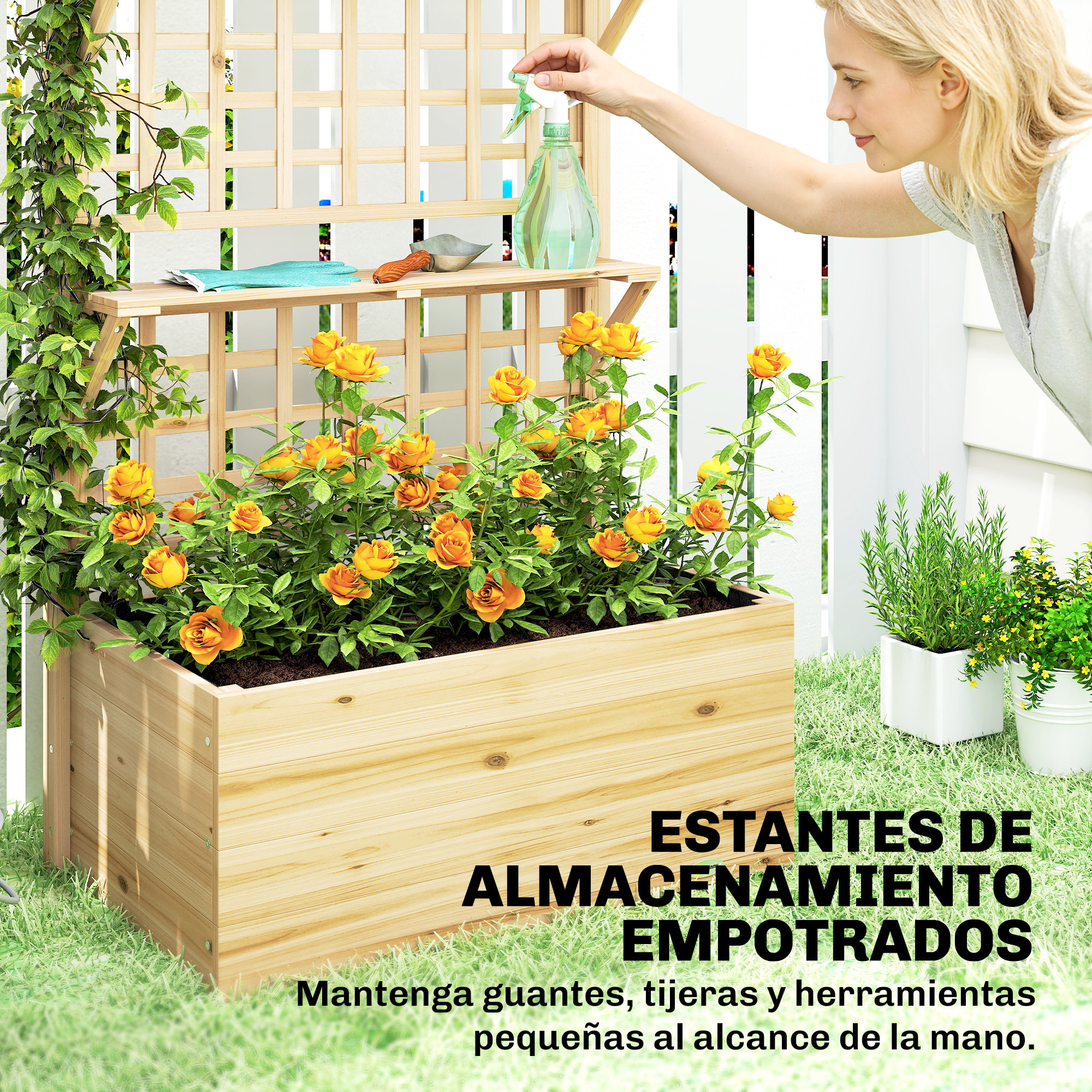Jardinera con Enrejado y Techo de Madera, Jardinera Exterior Grande para Plantas Trepadoras, con 2 Estantes, Drenaje y Forro, Macetero Elevado para Patio, Terraza, 76x43,5x177 cm, Natural