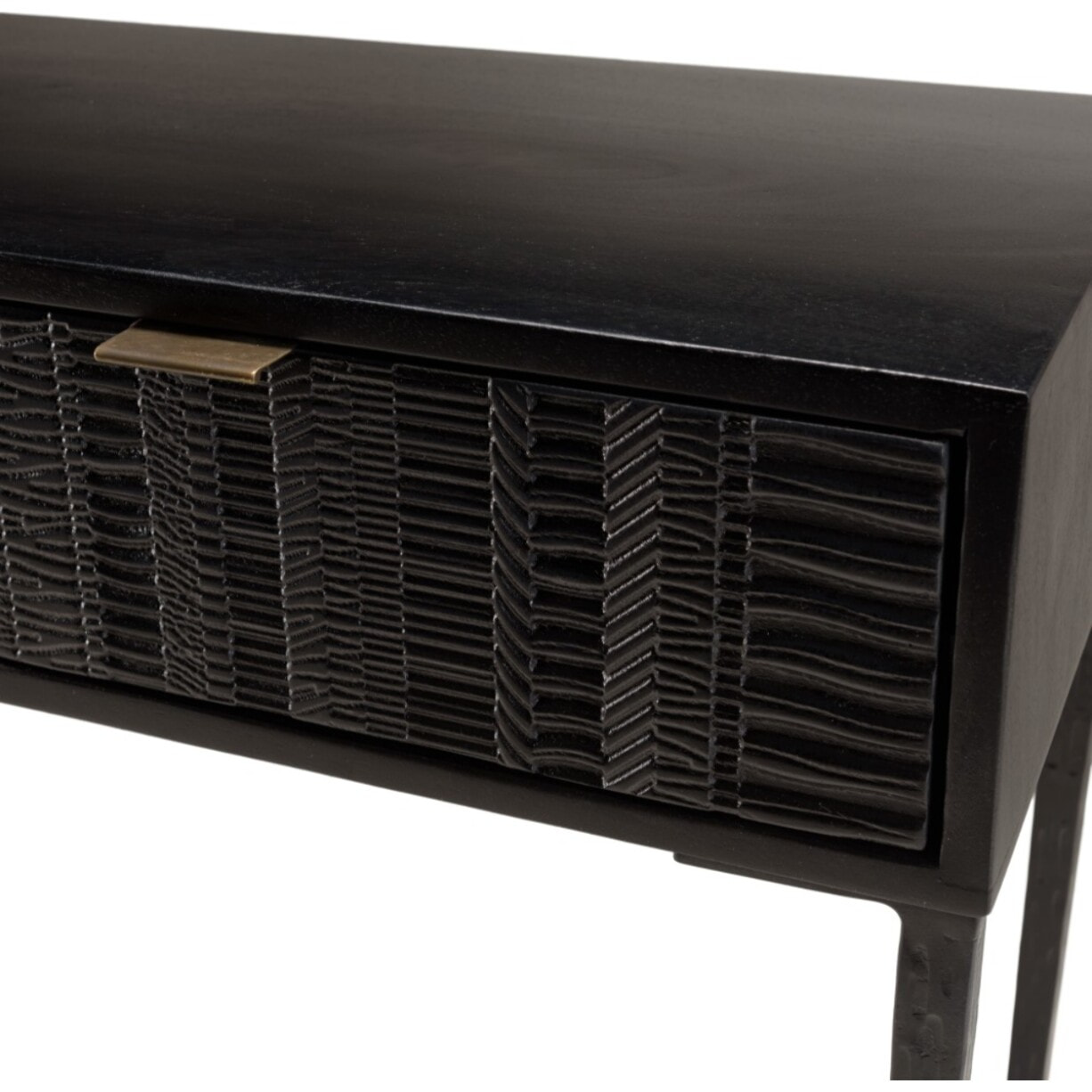 GLORIA - Console en manguier noir 2 tiroirs sculptés pieds en métal