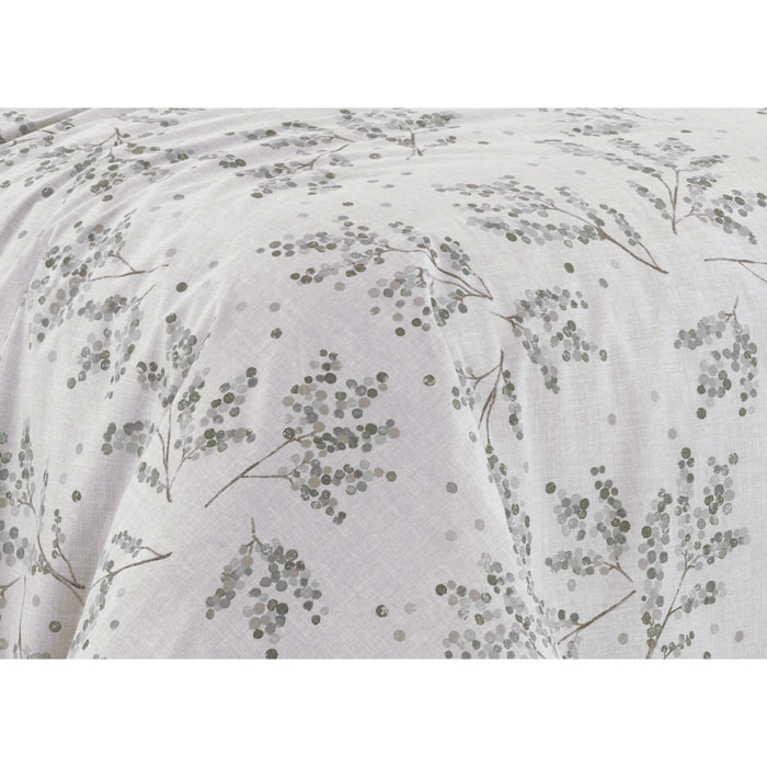 Parure Copripiumino in 100% Cotone Made in Italy Fiorato Disegno Sambuco Colore Perla