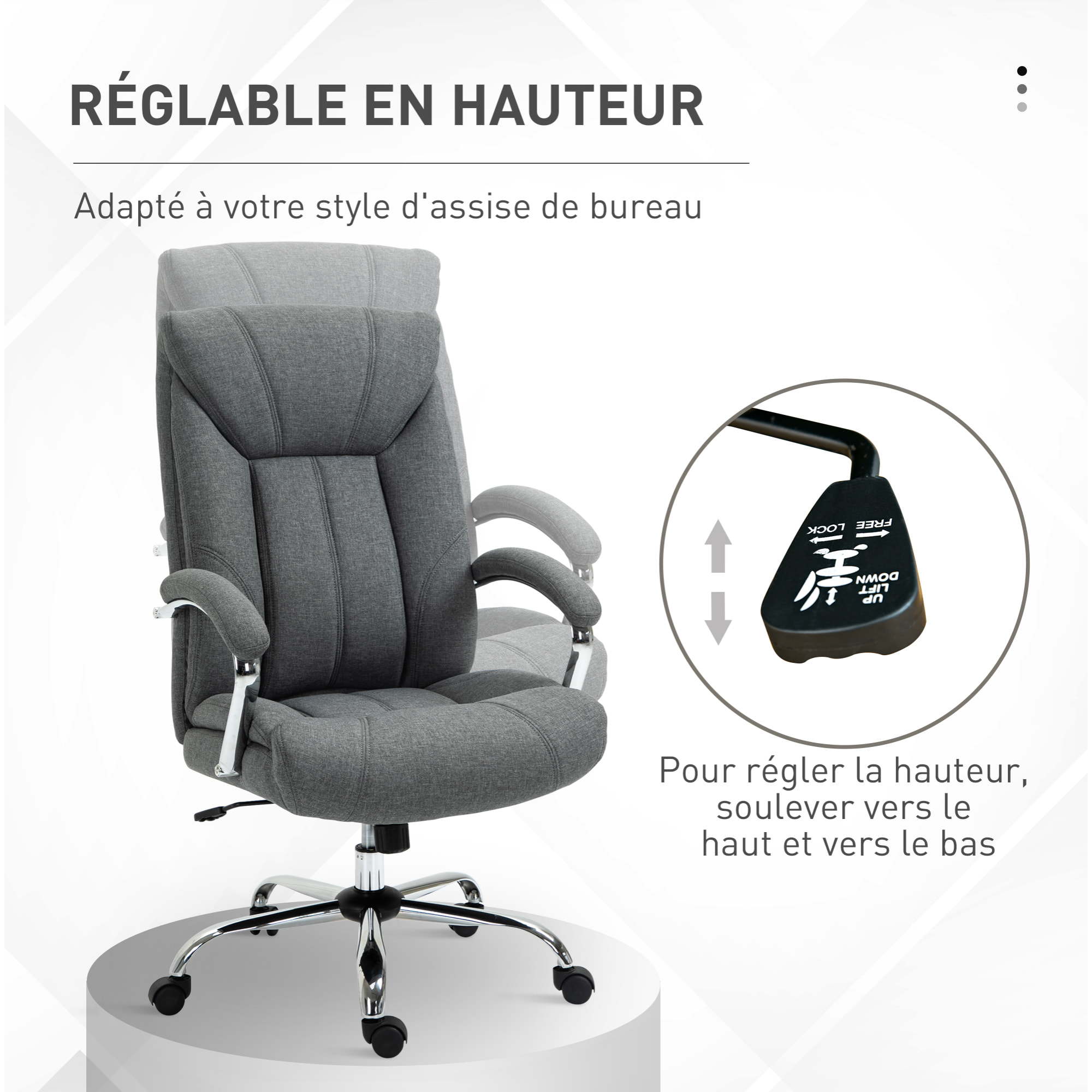 Fauteuil de bureau manager - chaise de bureau grand confort réglable pivotante - acier chromé tissu gris
