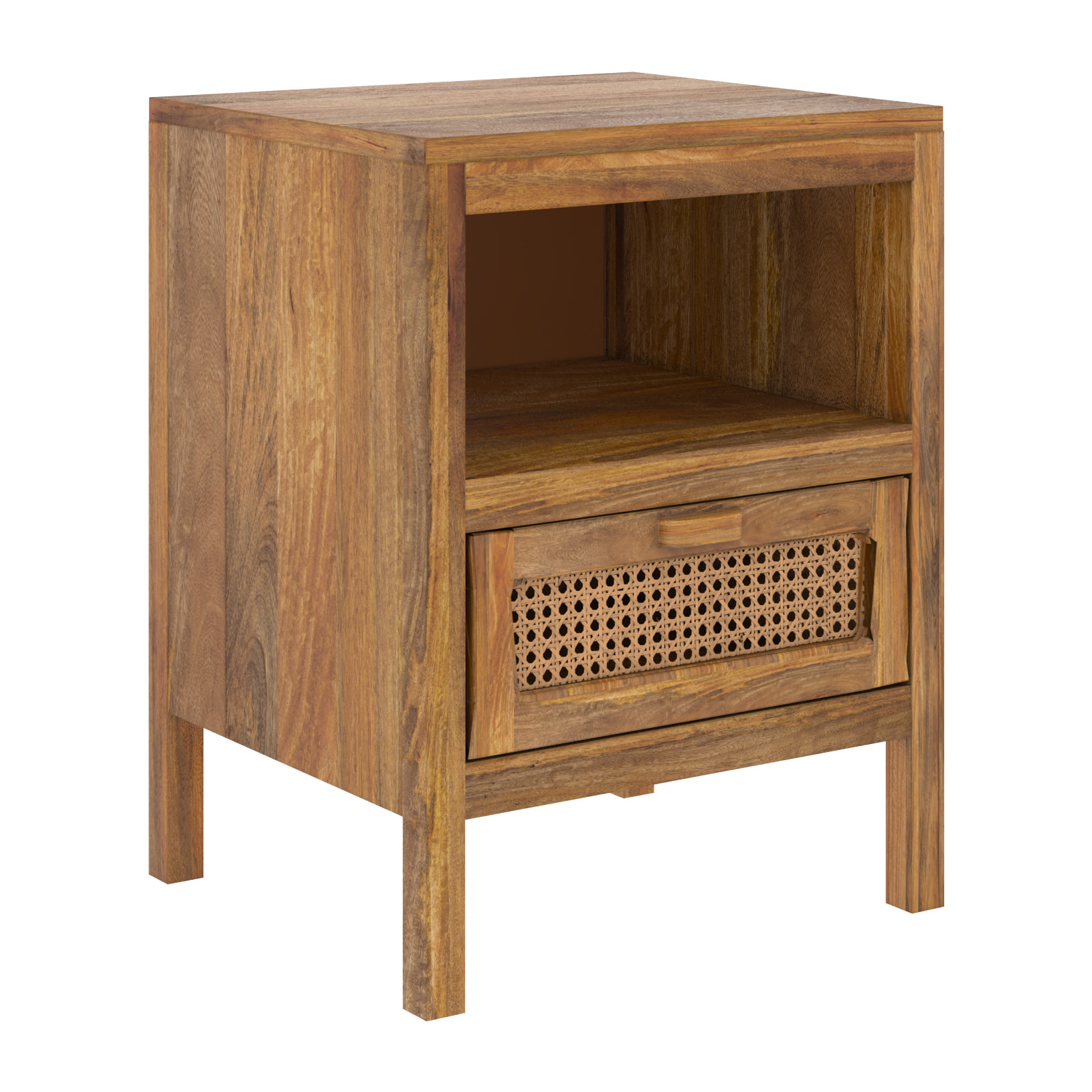 Table de chevet en cannage et bois, 1 tiroir et 1 niche - Tiki
