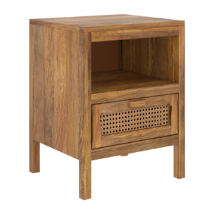 Table de chevet en cannage et bois, 1 tiroir et 1 niche - Tiki