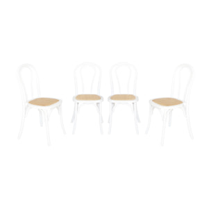 Lot de 4 chaises vintage en bois avec assise en rotin et dossier arrondi. coloris blanc. L 48 x P 49.5 x H 90cm