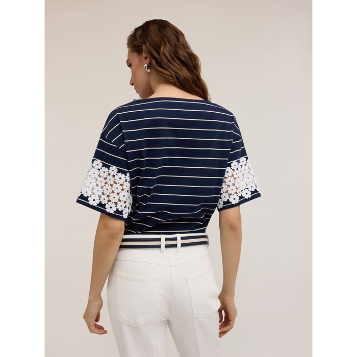 Motivi - T-shirt con maniche effetto crochet - Blu