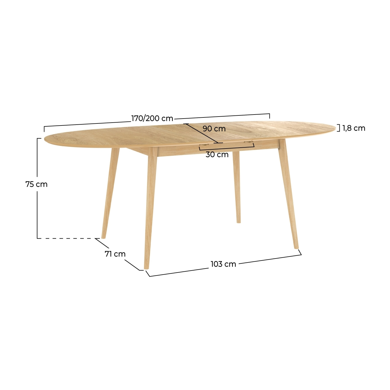 Table ovale Eddy 6/8 personnes extensible en bois clair 170/200 cm