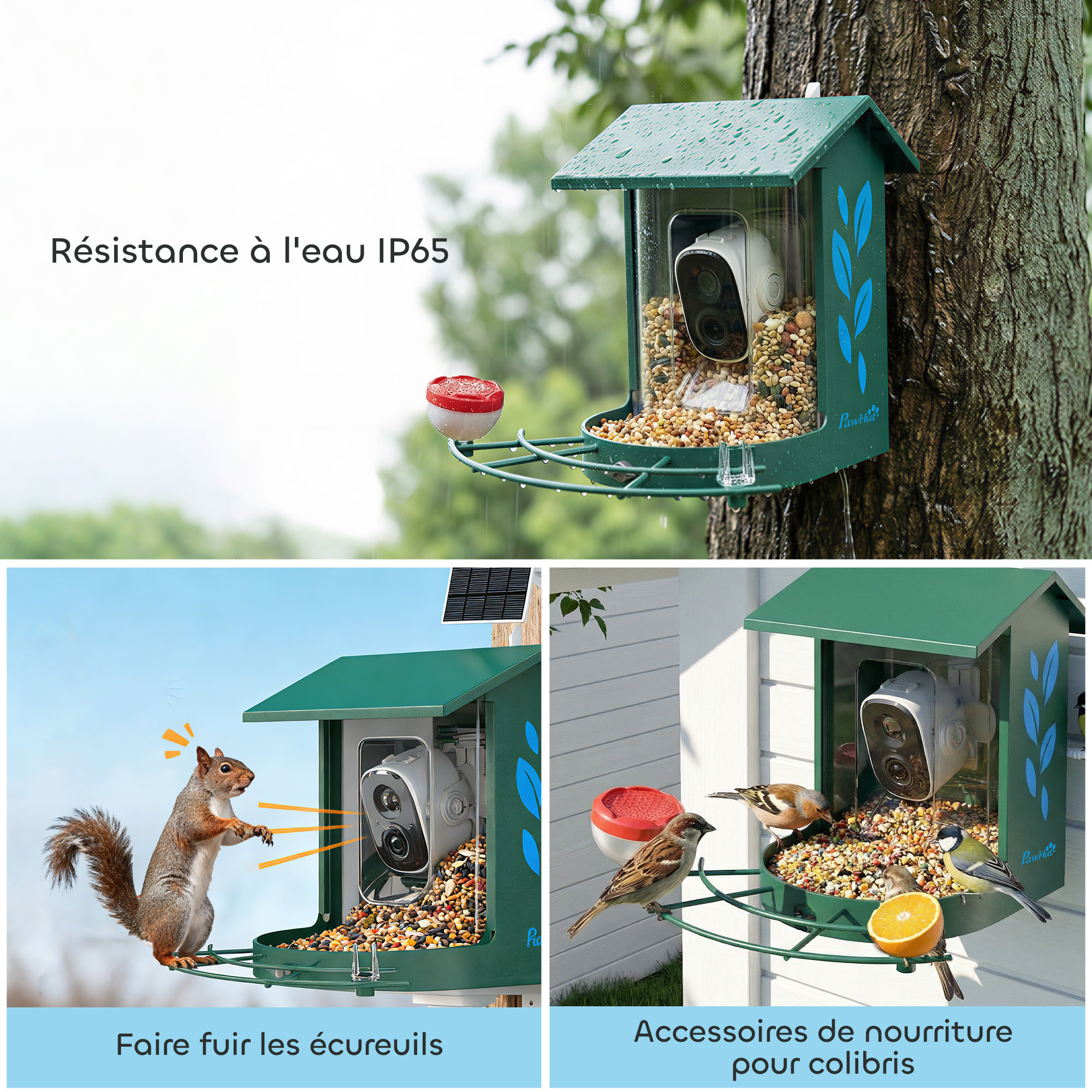 Mangeoire oiseaux avec caméra solaire 3M pixels reconnaissance IA grand angle 142° - 30 x 34 x 26 cm - métal vert