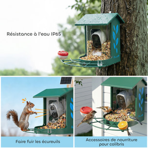 Mangeoire oiseaux avec caméra solaire 3M pixels reconnaissance IA grand angle 142° - 30 x 34 x 26 cm - métal vert