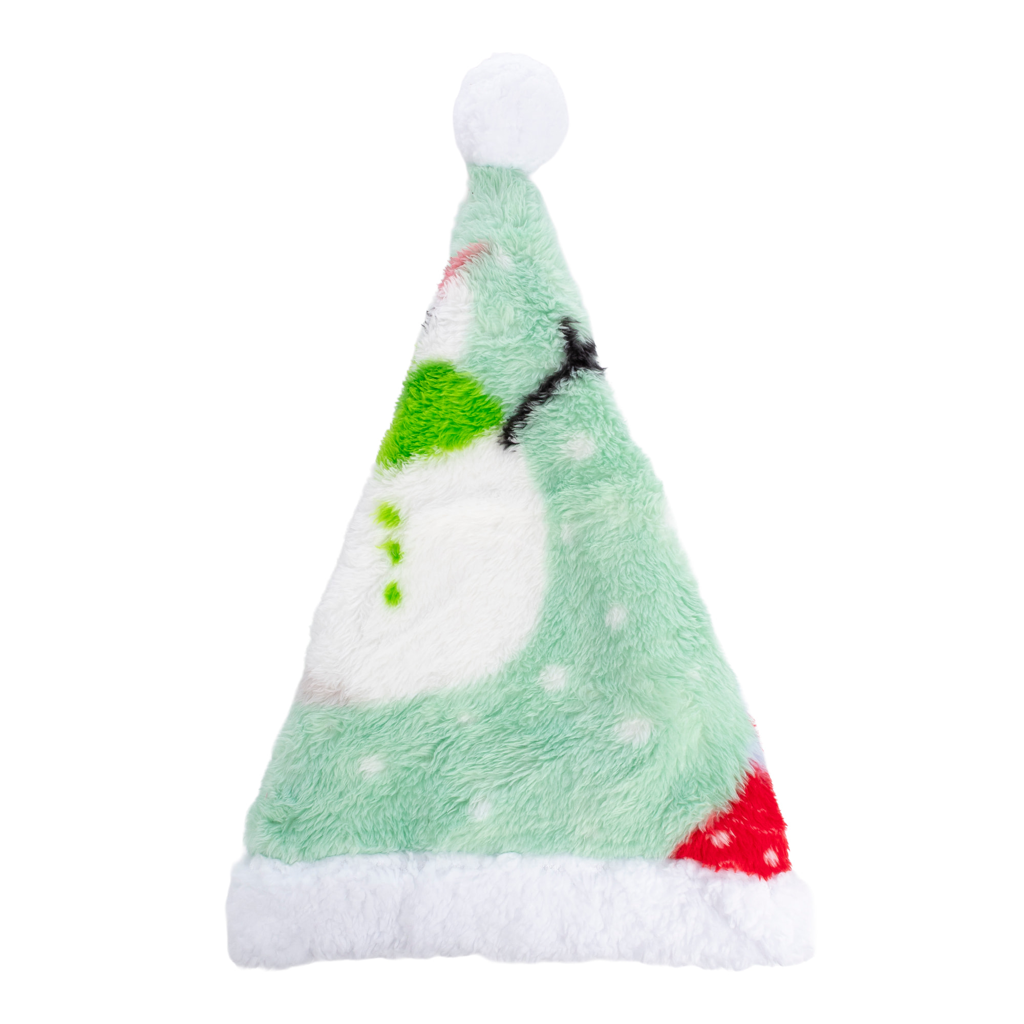 Gorro de felpa extrasuave. Diseño verde con muñeco de nieve. 31x48 cm.