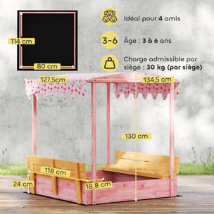Bac à sable enfant couvercle siège pliable auvent bois rose