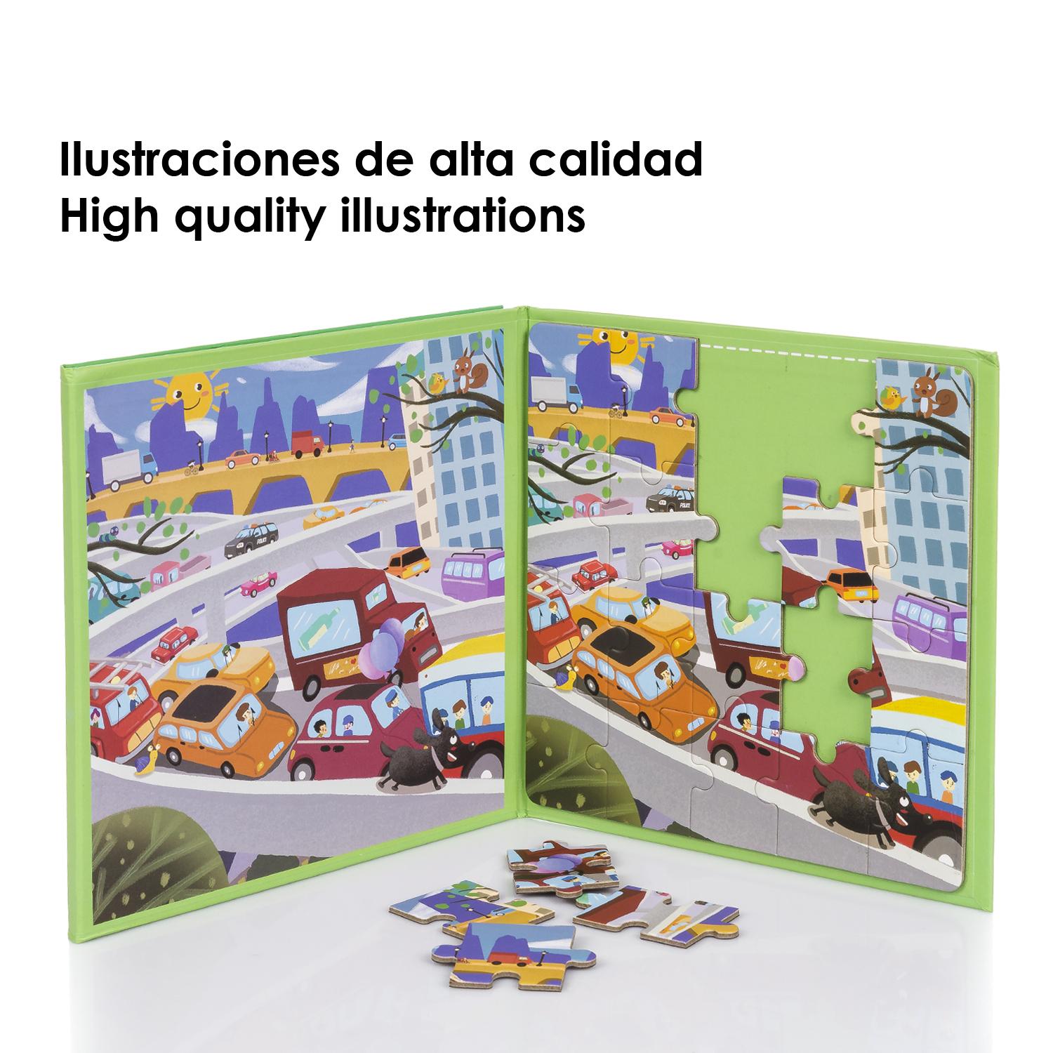 Puzle diseño Tráfico en la Ciudad de 40 piezas magnético. Formato tipo libro, 2 puzzles de 20 piezas en 1.