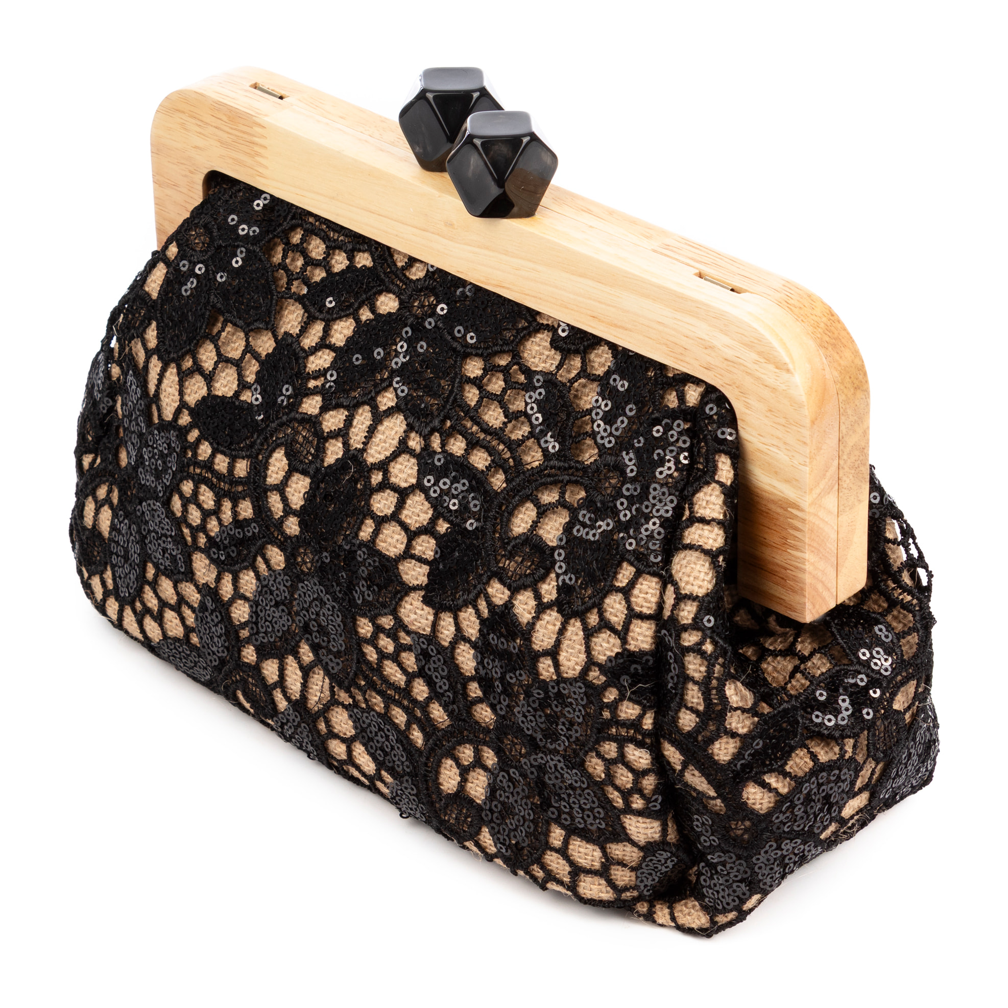 Borbera Borsa a tracolla Donna. Realizzata in legno naturale, cotone e juta con design a rete in tessuto floreale.