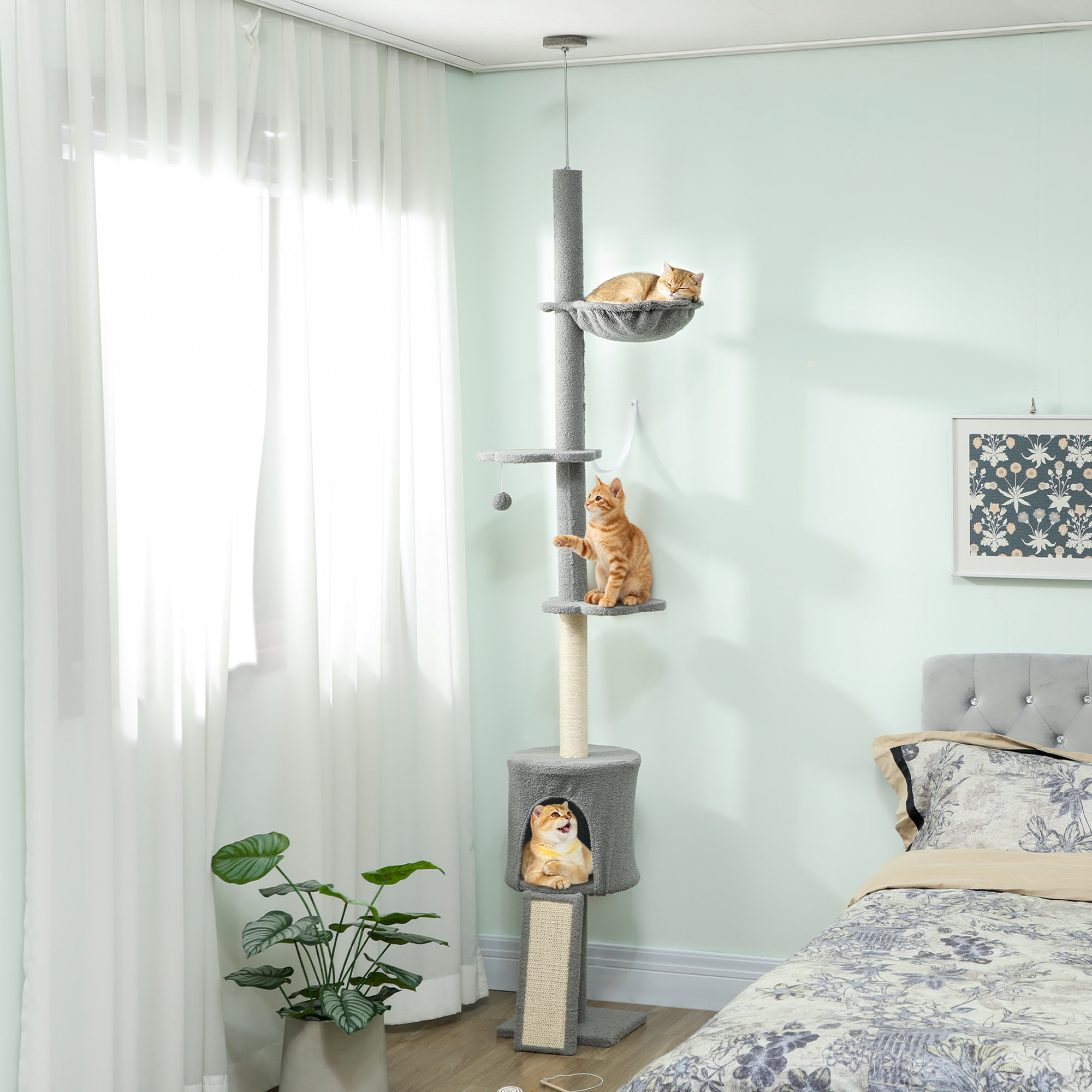 Árbol para Gatos de Suelo a Techo, Altura Ajustable de 220-240 cm, Torre para Gatos con Hamaca, Plataformas en Flor, Cuevas, Rampa y Bola, Gris Claro