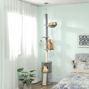 Árbol para Gatos de Suelo a Techo, Altura Ajustable de 220-240 cm, Torre para Gatos con Hamaca, Plataformas en Flor, Cuevas, Rampa y Bola, Gris Claro