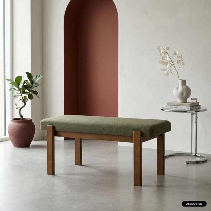 Banc, bout de lit bois d'hévéa teinte noyer et tissu texturé NOMA