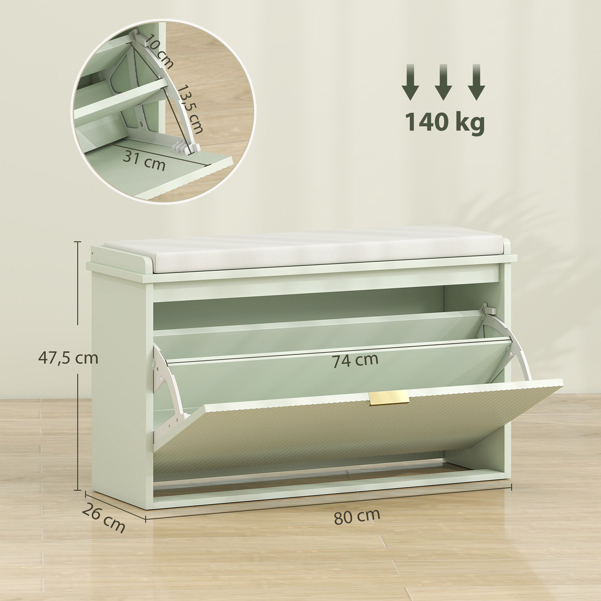 Banco Zapatero Estrecho, Banco Recibidor con Asiento Acolchado, Cajón Abatible y Estante Ajustable, para 8 Pares de Zapatos, para Entrada, Dormitorio, 80x26x47,5 cm, Verde Claro