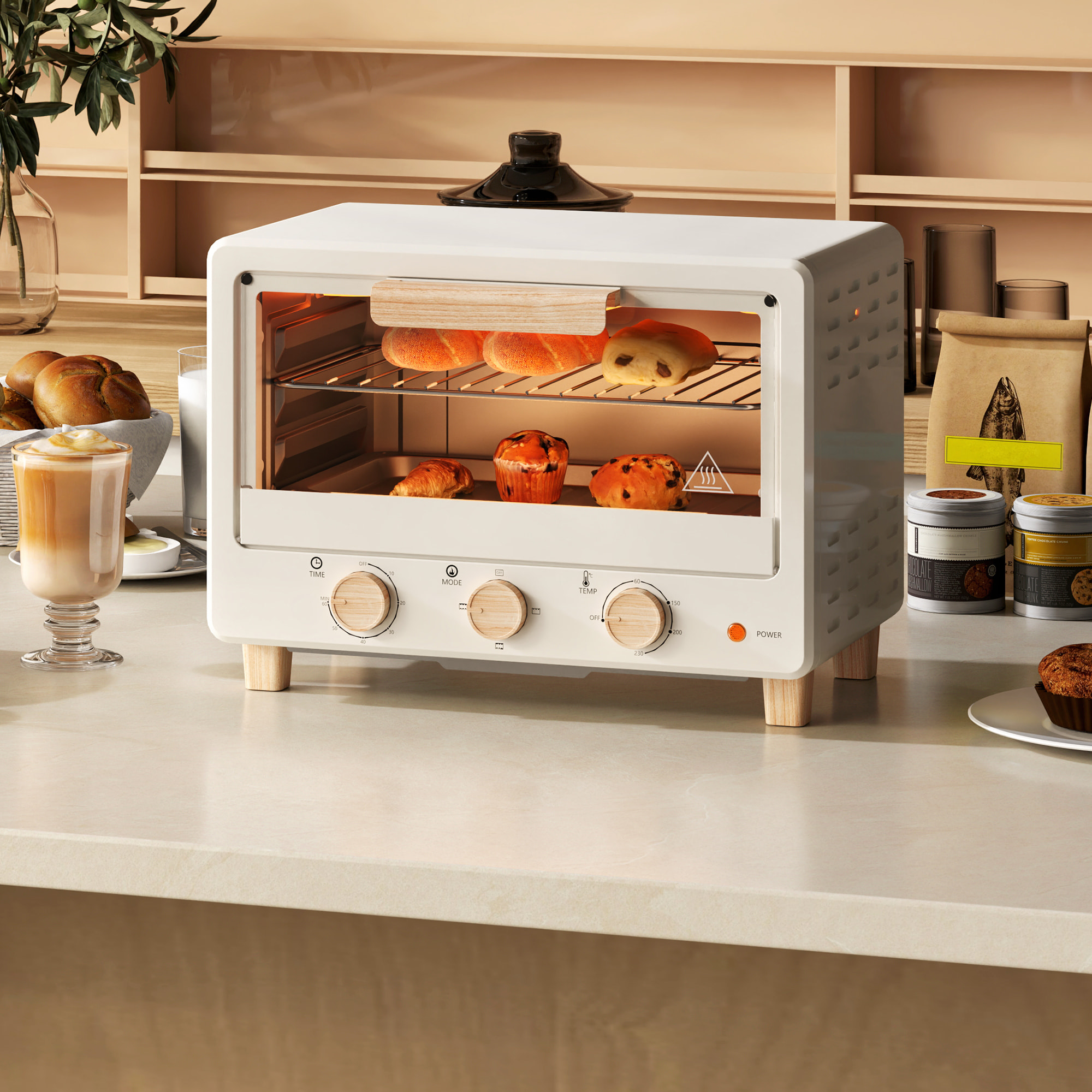 Horno Eléctrico de Sobremesa Horno Sobremesa de 16L 1400W Horno Eléctrico con Puerta de Vidrio Temporizador y Temperatura Ajustables hasta 230℃ Crema