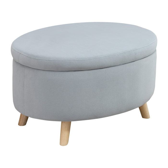 HOMCOM Otomano Puff Tapizado en Terciopelo Acolchado Taburete de Almacenaje Elíptico con Tapa Extraíble y Patas de Madera para Dormitorio Salón Pasillo 71x51,5x42 cm Gris